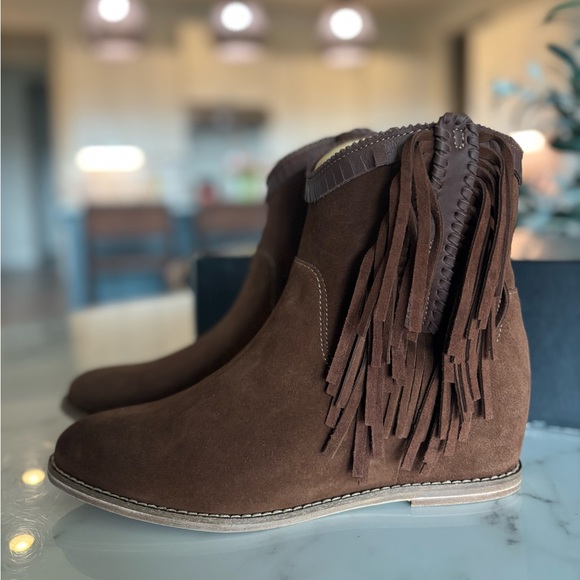 Lucchese Hidden Wedge Brown Suede Fringe Booties